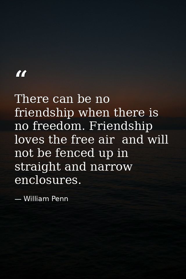 There can be no friendship when there is no freedom. Friendship loves the free air  and will not be fenced up in straigh — William Penn