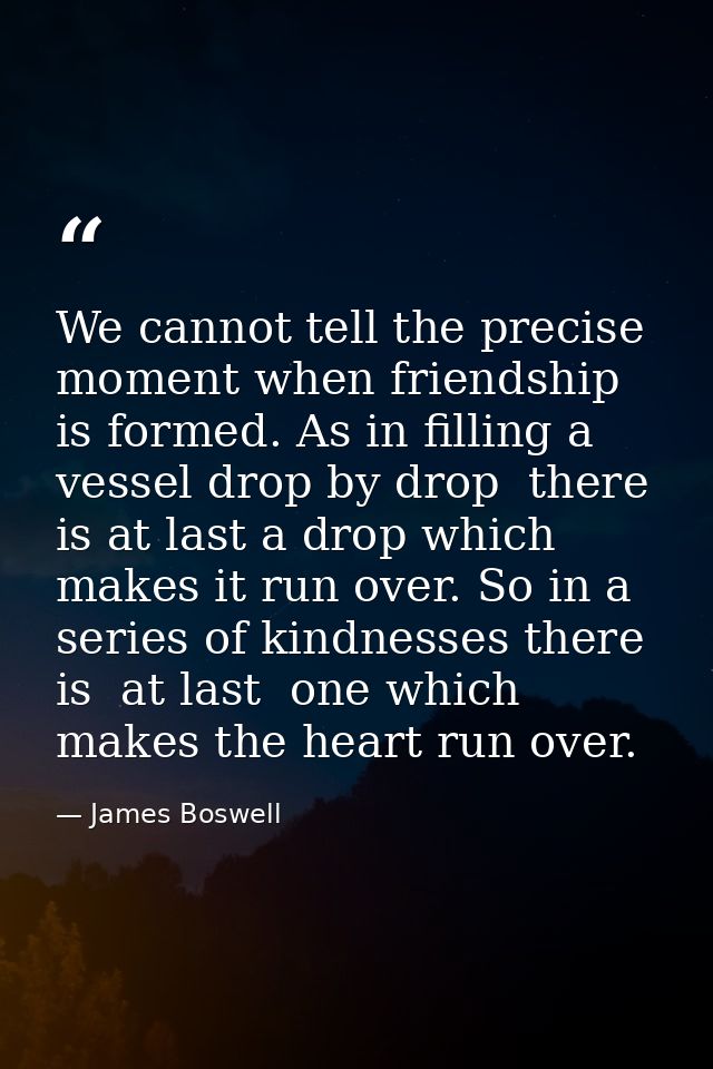 We cannot tell the precise moment when friendship is formed. As in filling a vessel drop by drop  there is at last a dro — James Boswell