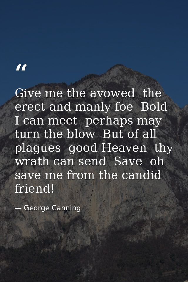 Give me the avowed  the erect and manly foe  Bold I can meet  perhaps may turn the blow  But of all plagues  good Heaven — George Canning
