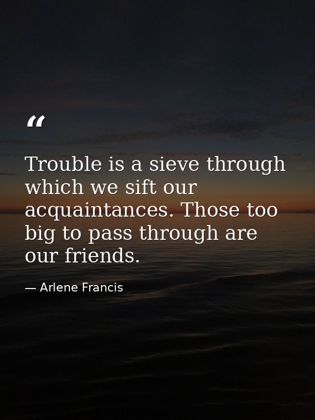 Trouble is a sieve through which we sift our acquaintances. Those too big to pass through are our friends. — Arlene Francis