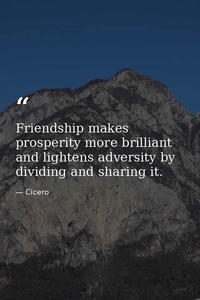 Friendship makes prosperity more brilliant  and lightens adversity by dividing and sharing it. — Cicero