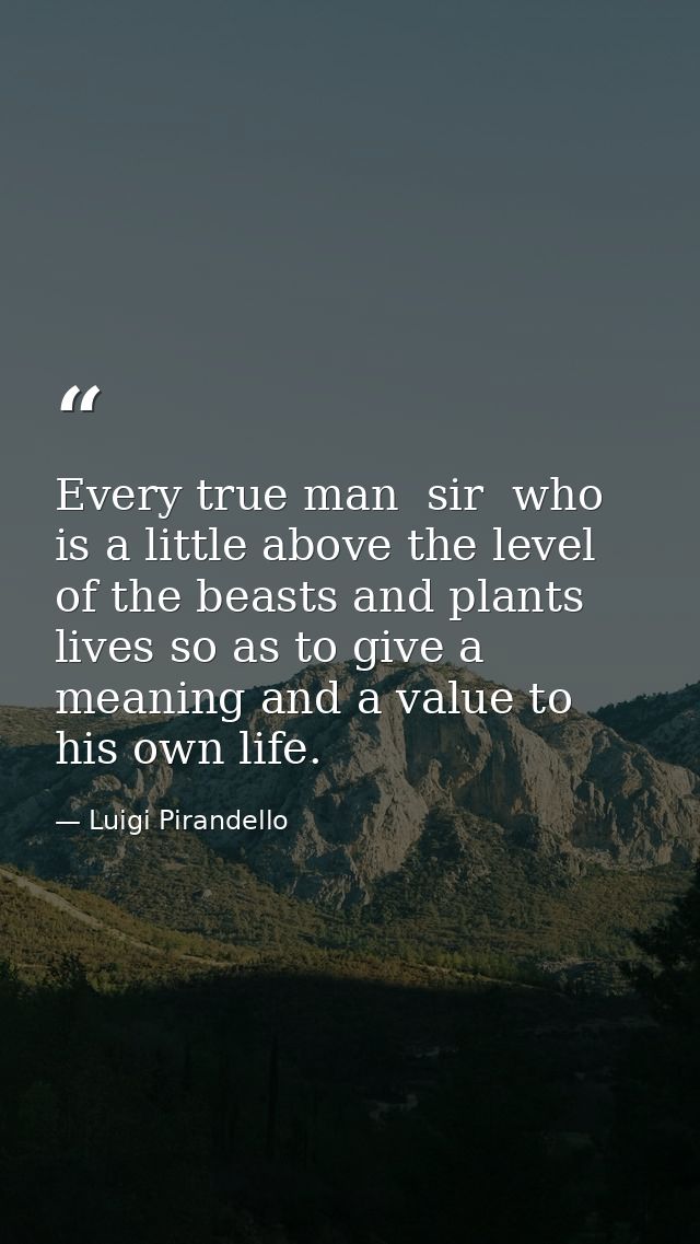 Every true man  sir  who is a little above the level of the beasts and plants  lives so as to give a meaning and a value — Luigi Pirandello