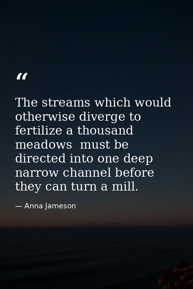 The streams which would otherwise diverge to fertilize a thousand meadows  must be directed into one deep narrow channel — Anna Jameson