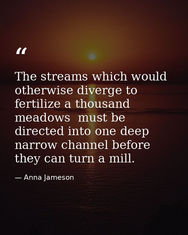 The streams which would otherwise diverge to fertilize a thousand meadows  must be directed into one deep narrow channel — Anna Jameson