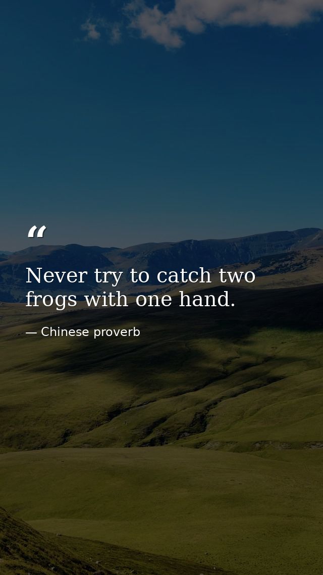 Never try to catch two frogs with one hand. — Chinese proverb