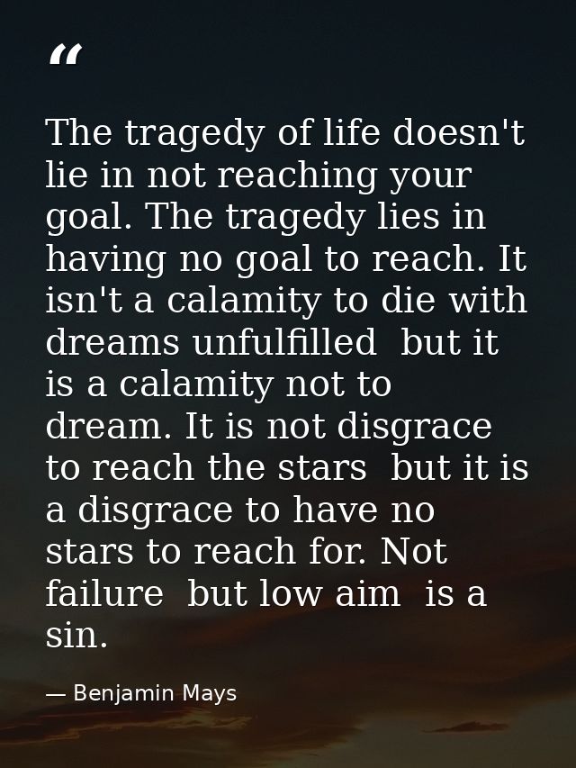 The tragedy of life doesn't lie in not reaching your goal. The tragedy lies in having no goal to reach. It isn't a calam — Benjamin Mays