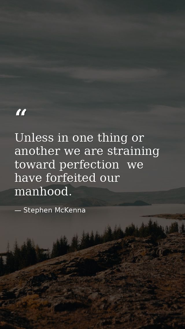 Unless in one thing or another we are straining toward perfection  we have forfeited our manhood. — Stephen McKenna