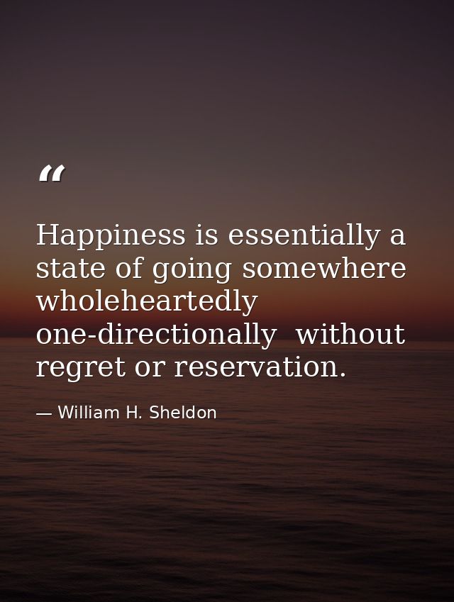 Happiness is essentially a state of going somewhere  wholeheartedly  one-directionally  without regret or reservation. — William H. Sheldon