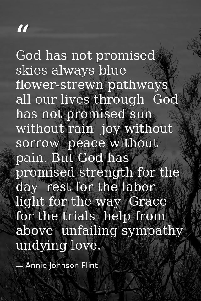 God has not promised skies always blue  flower-strewn pathways all our lives through  God has not promised sun without r — Annie Johnson Flint