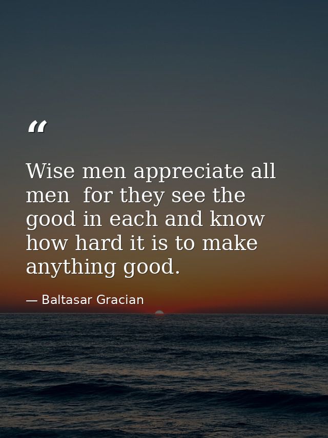 Wise men appreciate all men  for they see the good in each and know how hard it is to make anything good. — Baltasar Gracian
