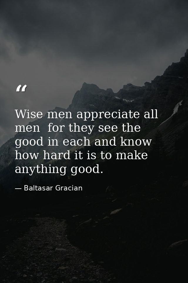 Wise men appreciate all men  for they see the good in each and know how hard it is to make anything good. — Baltasar Gracian