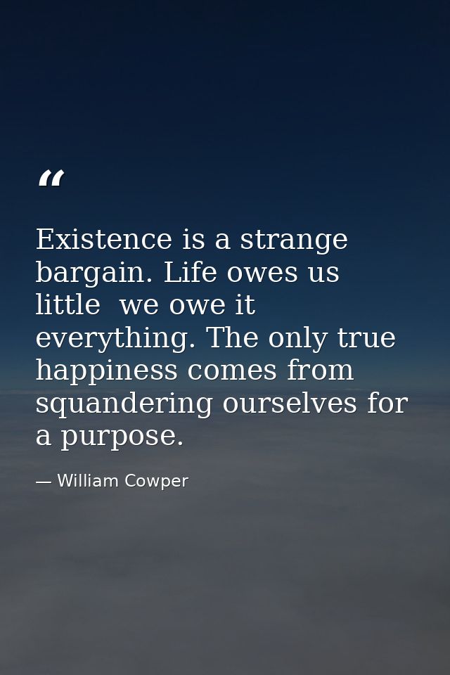 Existence is a strange bargain. Life owes us little  we owe it everything. The only true happiness comes from squanderin — William Cowper
