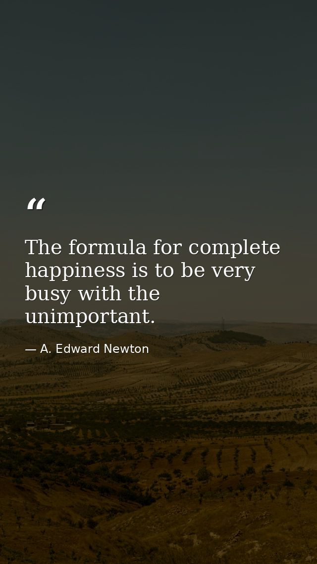 The formula for complete happiness is to be very busy with the unimportant. — A. Edward Newton