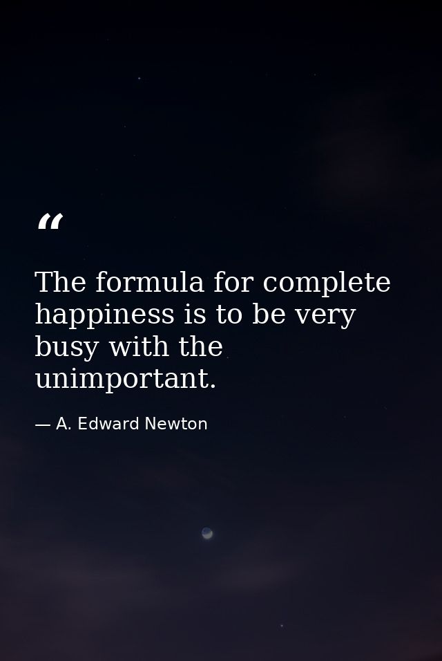 The formula for complete happiness is to be very busy with the unimportant. — A. Edward Newton