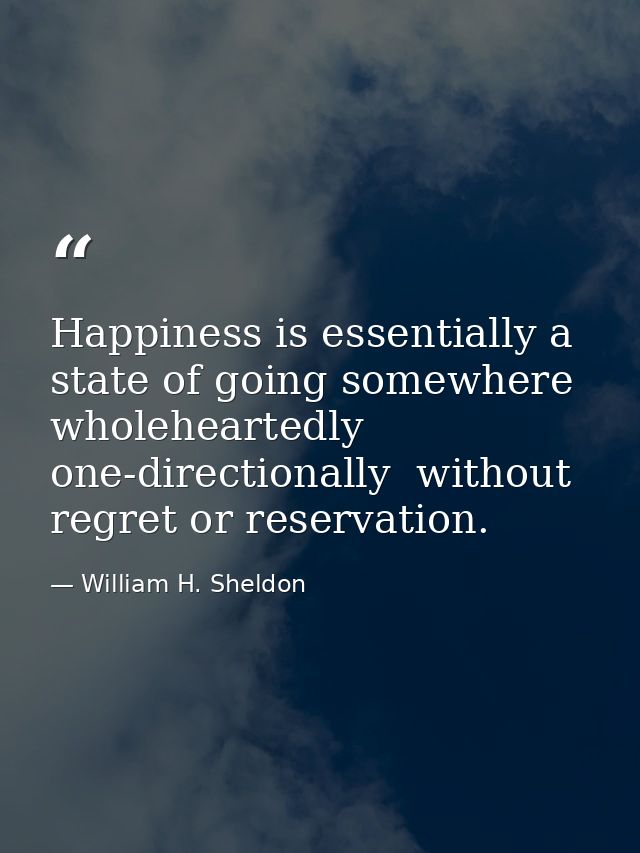 Happiness is essentially a state of going somewhere  wholeheartedly  one-directionally  without regret or reservation. — William H. Sheldon