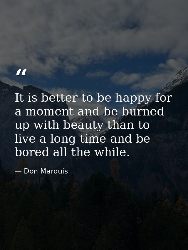 It is better to be happy for a moment and be burned up with beauty than to live a long time and be bored all the while. — Don Marquis