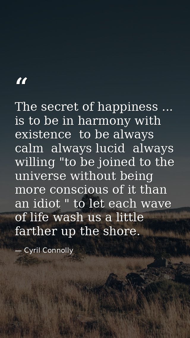 The secret of happiness ... is to be in harmony with existence  to be always calm  always lucid  always willing "to be j — Cyril Connolly