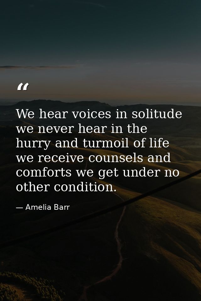 We hear voices in solitude  we never hear in the hurry and turmoil of life  we receive counsels and comforts we get unde — Amelia Barr