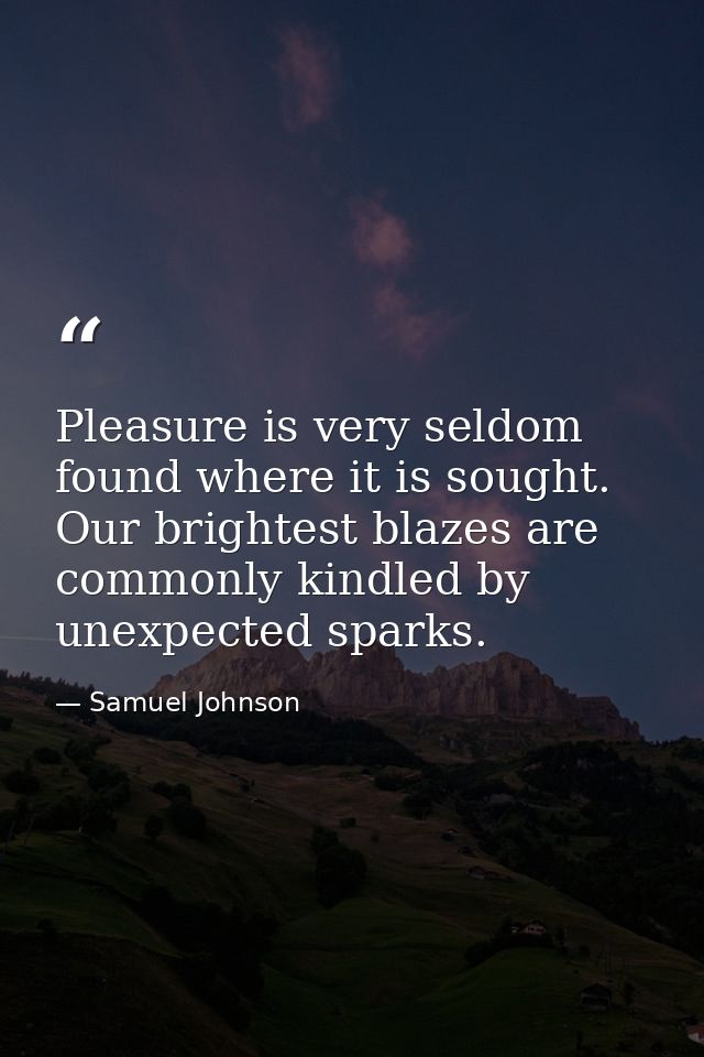 Pleasure is very seldom found where it is sought. Our brightest blazes are commonly kindled by unexpected sparks. — Samuel Johnson