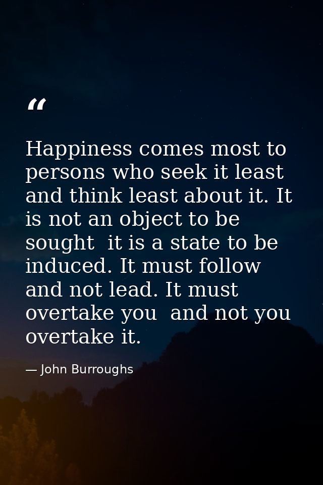 Happiness comes most to persons who seek it least  and think least about it. It is not an object to be sought  it is a s — John Burroughs