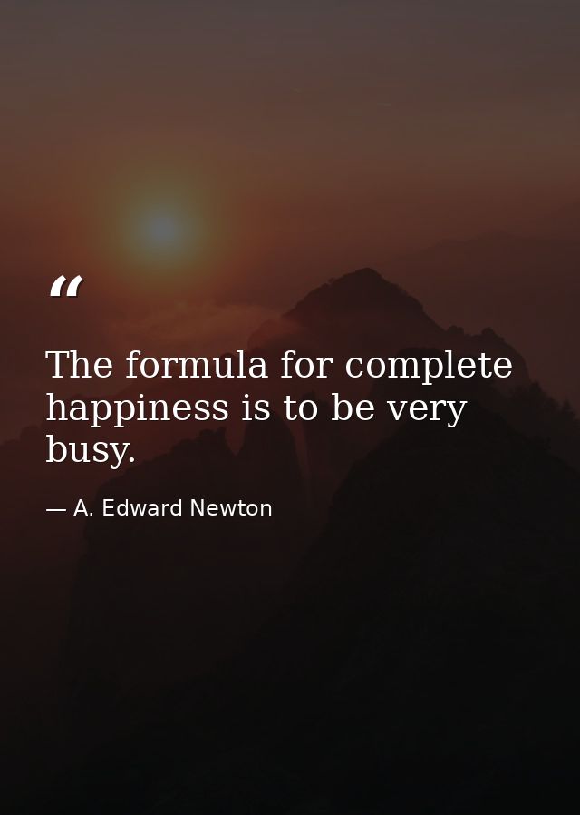 The formula for complete happiness is to be very busy. — A. Edward Newton