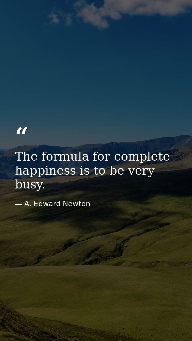 The formula for complete happiness is to be very busy. — A. Edward Newton