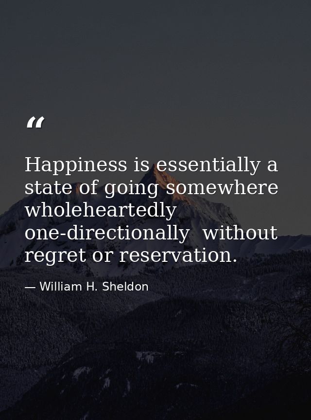 Happiness is essentially a state of going somewhere  wholeheartedly  one-directionally  without regret or reservation. — William H. Sheldon
