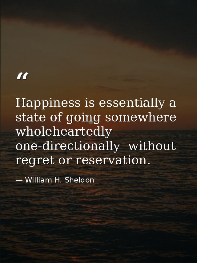 Happiness is essentially a state of going somewhere  wholeheartedly  one-directionally  without regret or reservation. — William H. Sheldon