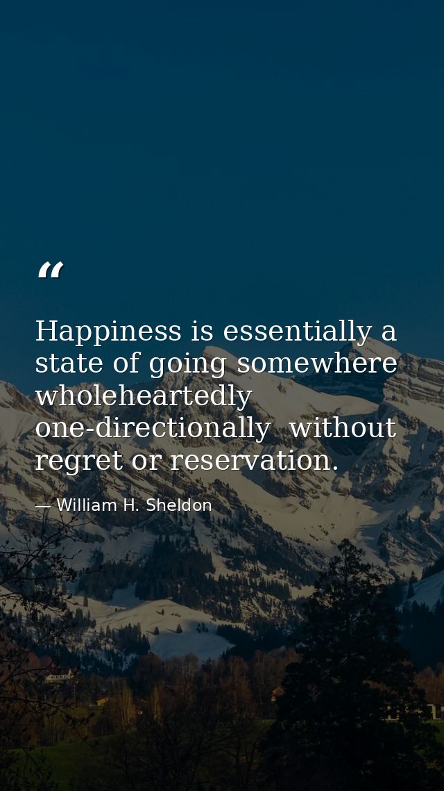 Happiness is essentially a state of going somewhere  wholeheartedly  one-directionally  without regret or reservation. — William H. Sheldon