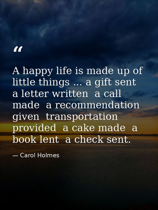A happy life is made up of little things ... a gift sent  a letter written  a call made  a recommendation given  transpo — Carol Holmes