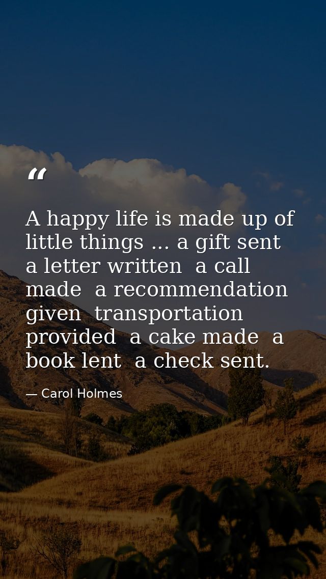 A happy life is made up of little things ... a gift sent  a letter written  a call made  a recommendation given  transpo — Carol Holmes