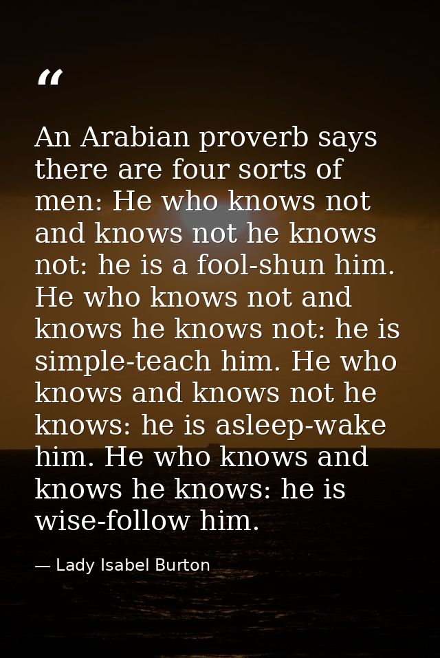 An Arabian proverb says there are four sorts of men: He who knows not and knows not he knows not: he is a fool-shun him. — Lady Isabel Burton