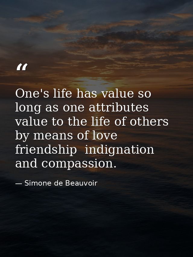 One's life has value so long as one attributes value to the life of others  by means of love  friendship  indignation  a — Simone de Beauvoir