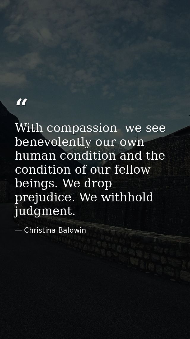 With compassion  we see benevolently our own human condition and the condition of our fellow beings. We drop prejudice.  — Christina Baldwin