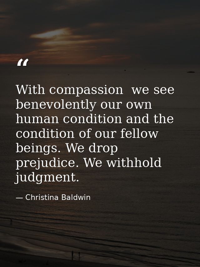 With compassion  we see benevolently our own human condition and the condition of our fellow beings. We drop prejudice.  — Christina Baldwin