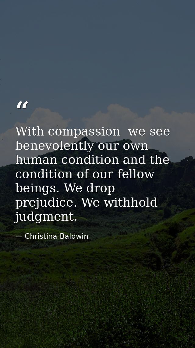 With compassion  we see benevolently our own human condition and the condition of our fellow beings. We drop prejudice.  — Christina Baldwin