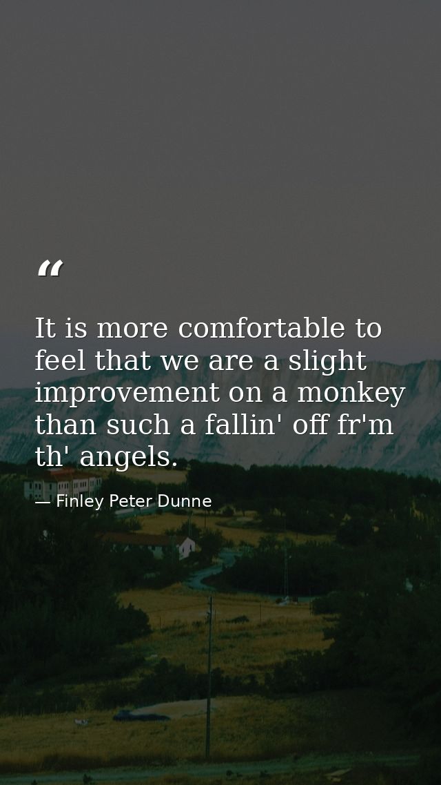 It is more comfortable to feel that we are a slight improvement on a monkey than such a fallin' off fr'm th' angels. — Finley Peter Dunne