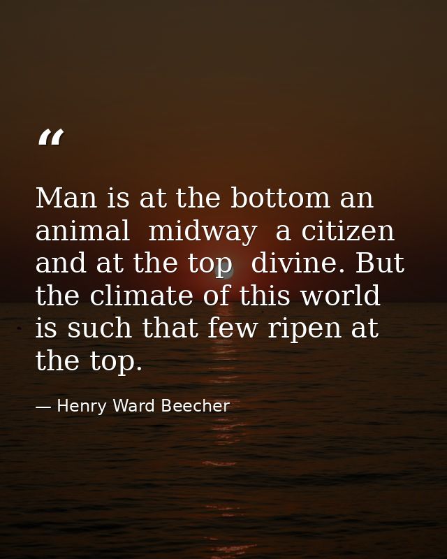 Man is at the bottom an animal  midway  a citizen  and at the top  divine. But the climate of this world is such that fe — Henry Ward Beecher