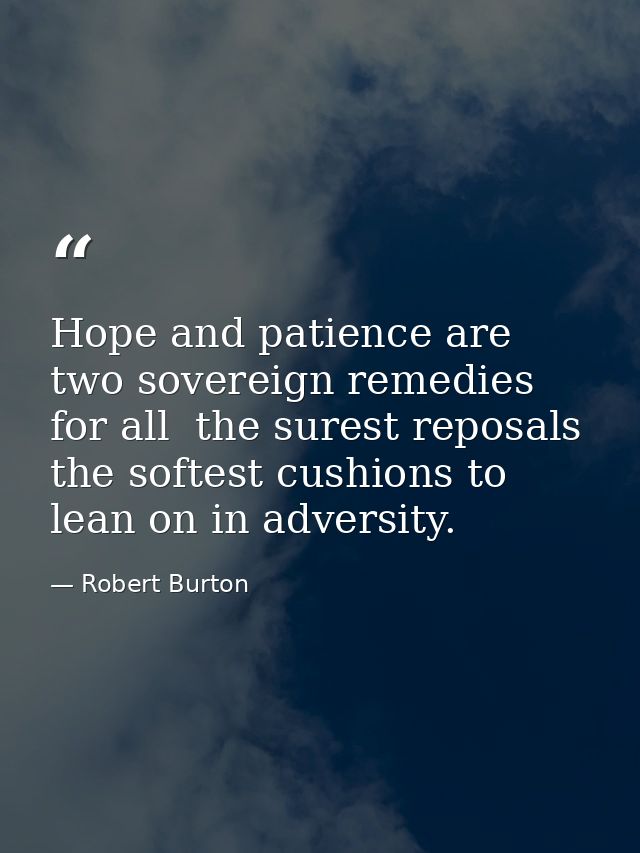 Hope and patience are two sovereign remedies for all  the surest reposals  the softest cushions to lean on in adversity. — Robert Burton