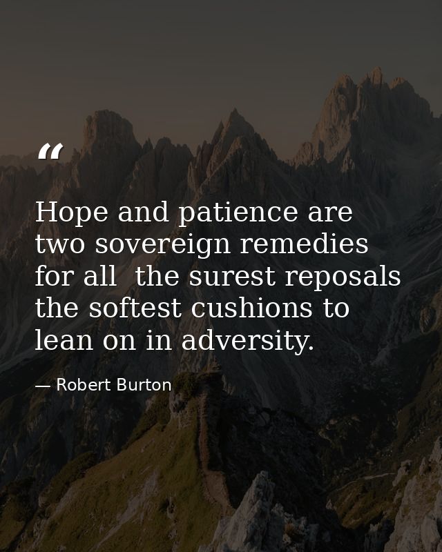 Hope and patience are two sovereign remedies for all  the surest reposals  the softest cushions to lean on in adversity. — Robert Burton