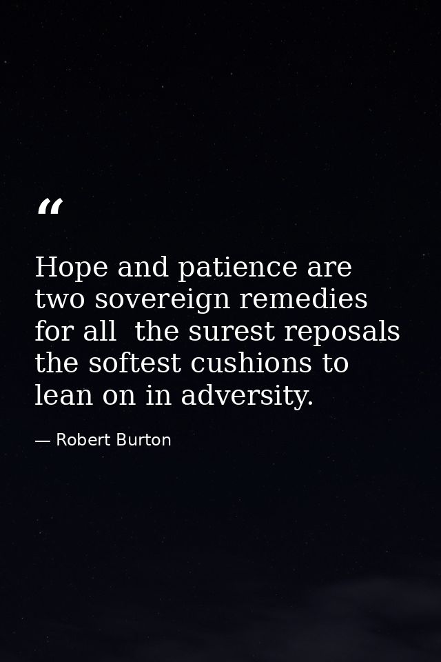 Hope and patience are two sovereign remedies for all  the surest reposals  the softest cushions to lean on in adversity. — Robert Burton