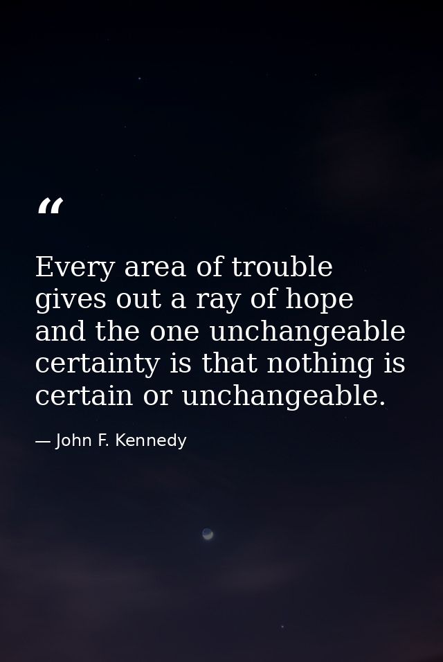 Every area of trouble gives out a ray of hope  and the one unchangeable certainty is that nothing is certain or unchange — John F. Kennedy