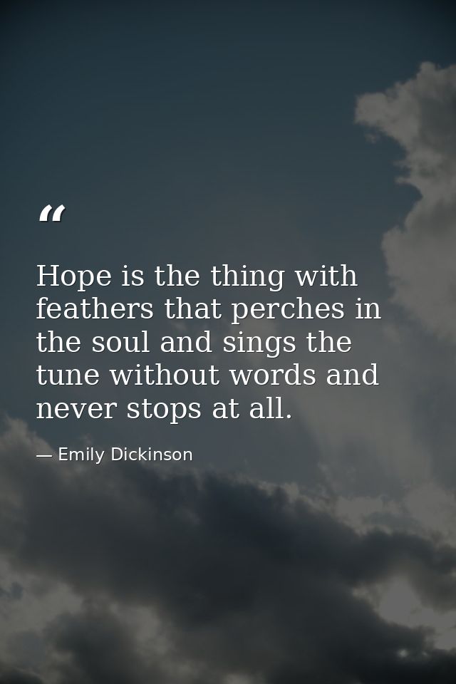 Hope is the thing with feathers that perches in the soul and sings the tune without words and never stops at all. — Emily Dickinson