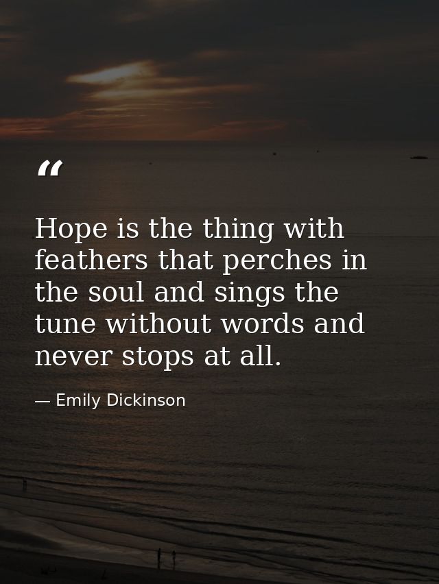 Hope is the thing with feathers that perches in the soul and sings the tune without words and never stops at all. — Emily Dickinson