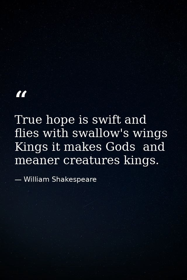 True hope is swift and flies with swallow's wings  Kings it makes Gods  and meaner creatures kings. — William Shakespeare