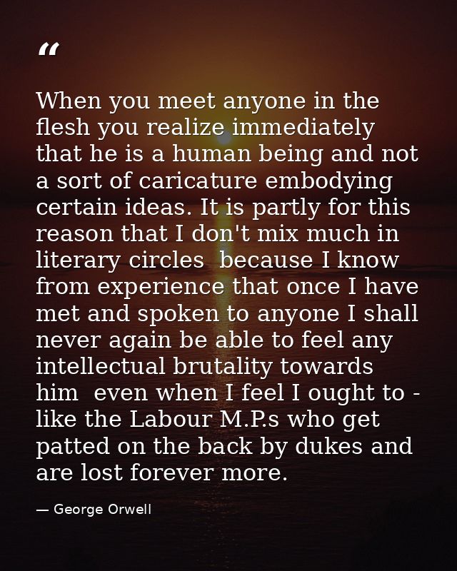 When you meet anyone in the flesh you realize immediately that he is a human being and not a sort of caricature embodyin — George Orwell