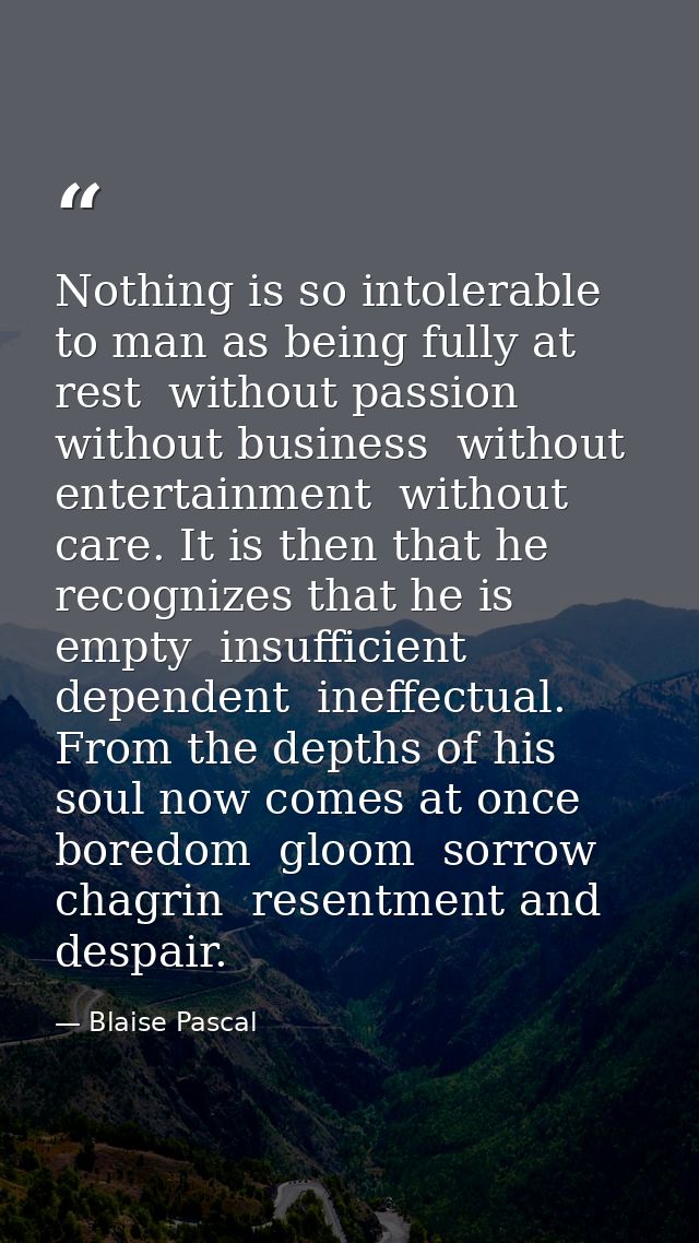 Nothing is so intolerable to man as being fully at rest  without passion  without business  without entertainment  witho — Blaise Pascal