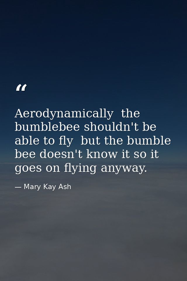 Aerodynamically  the bumblebee shouldn't be able to fly  but the bumble bee doesn't know it so it goes on flying anyway. — Mary Kay Ash