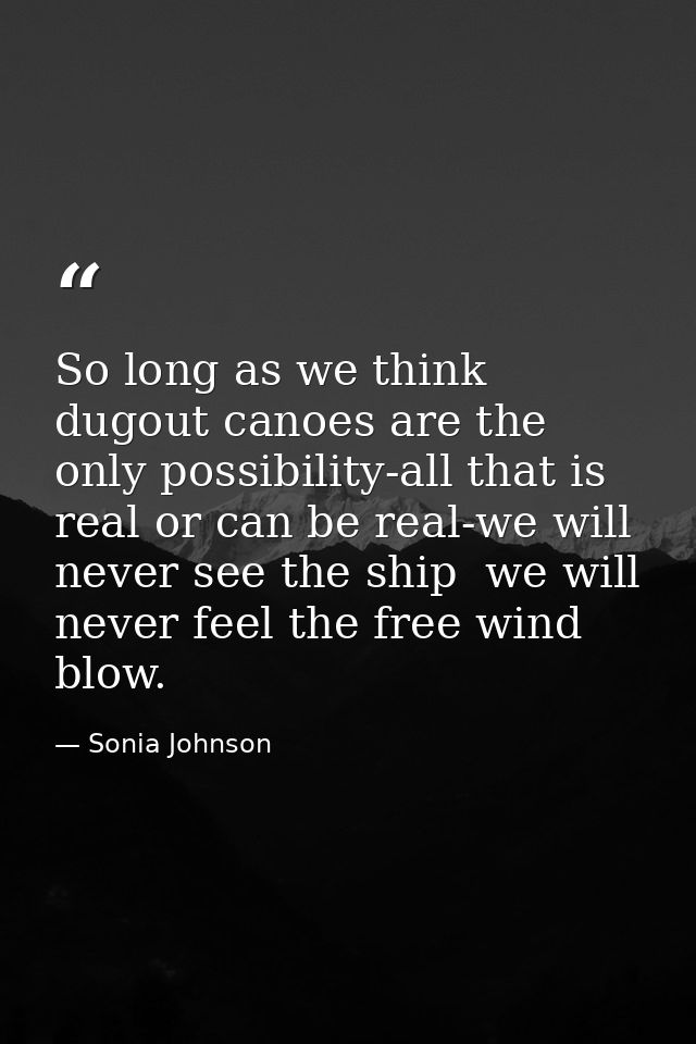 So long as we think dugout canoes are the only possibility-all that is real or can be real-we will never see the ship  w — Sonia Johnson
