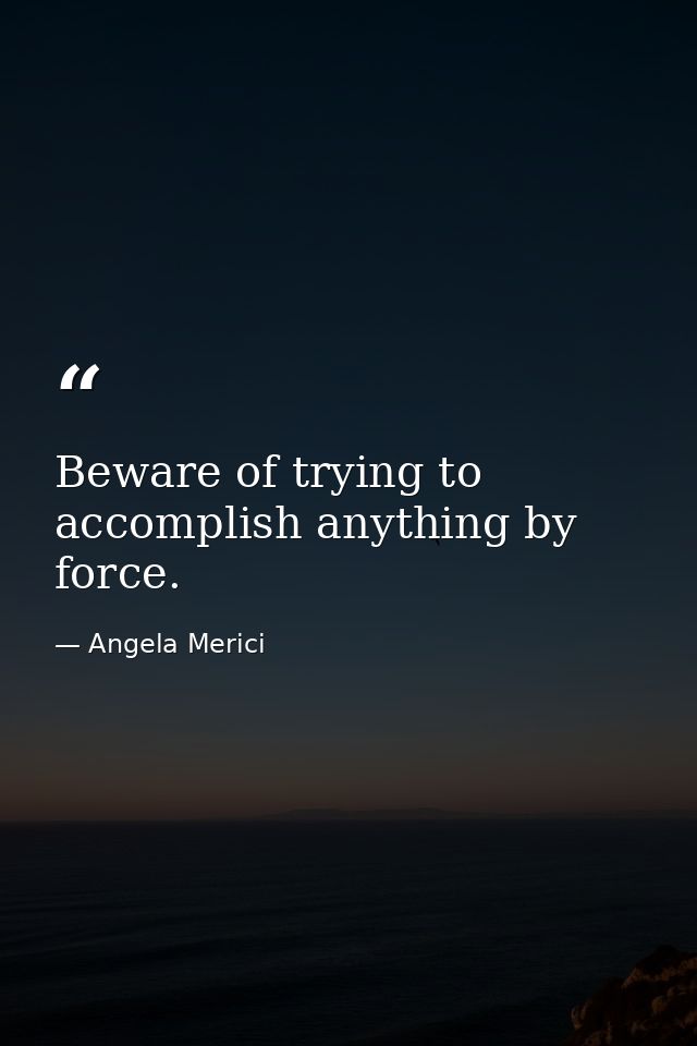 Beware of trying to accomplish anything by force. — Angela Merici